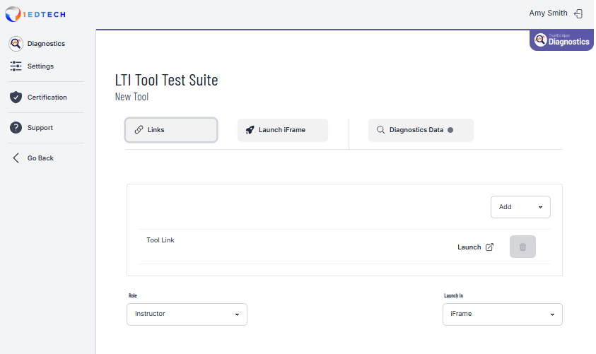 Screenshot of Diagnostics navigation and tabs.